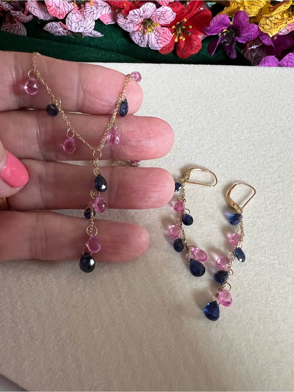 Vintage 10k Solid Gold Pink & Blue Sapphire Briolette Necklace and Earrings Set - Picture 8 of 14